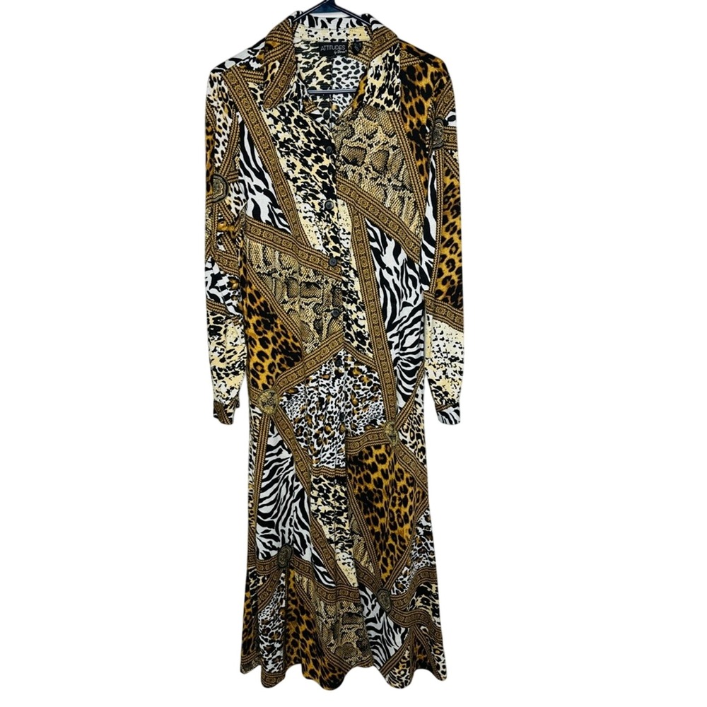 Attitudes By Renee Multi Animal Patchwork Long Shirt Dress Sz 8 Mob Wife Stretch